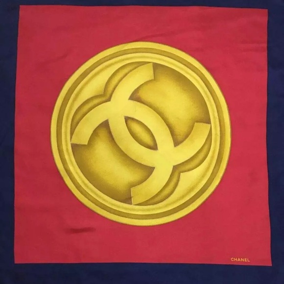 auth CHANEL gold CC logo SILK SCARF red $650 navy - Picture 1 of 5